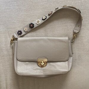 Emma Fox Flap Lock Shoulder Bag Flower Strap Beige Gray Gold Purse